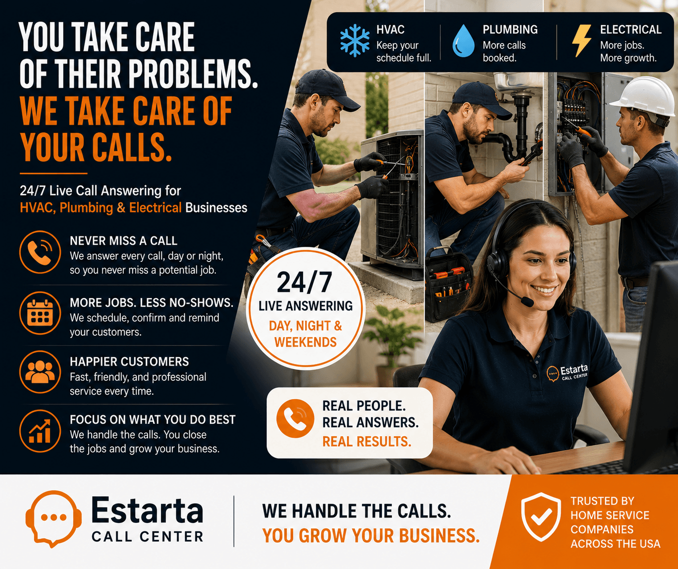Estarta live agents answering calls for HVAC, plumbing, and electrical home service businesses